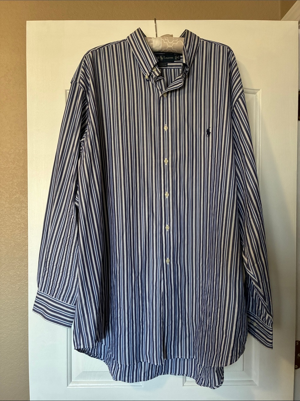 Polo by Ralph Lauren Navy & White Vertical Stripe Button-Up Shirt. 18 Neck.